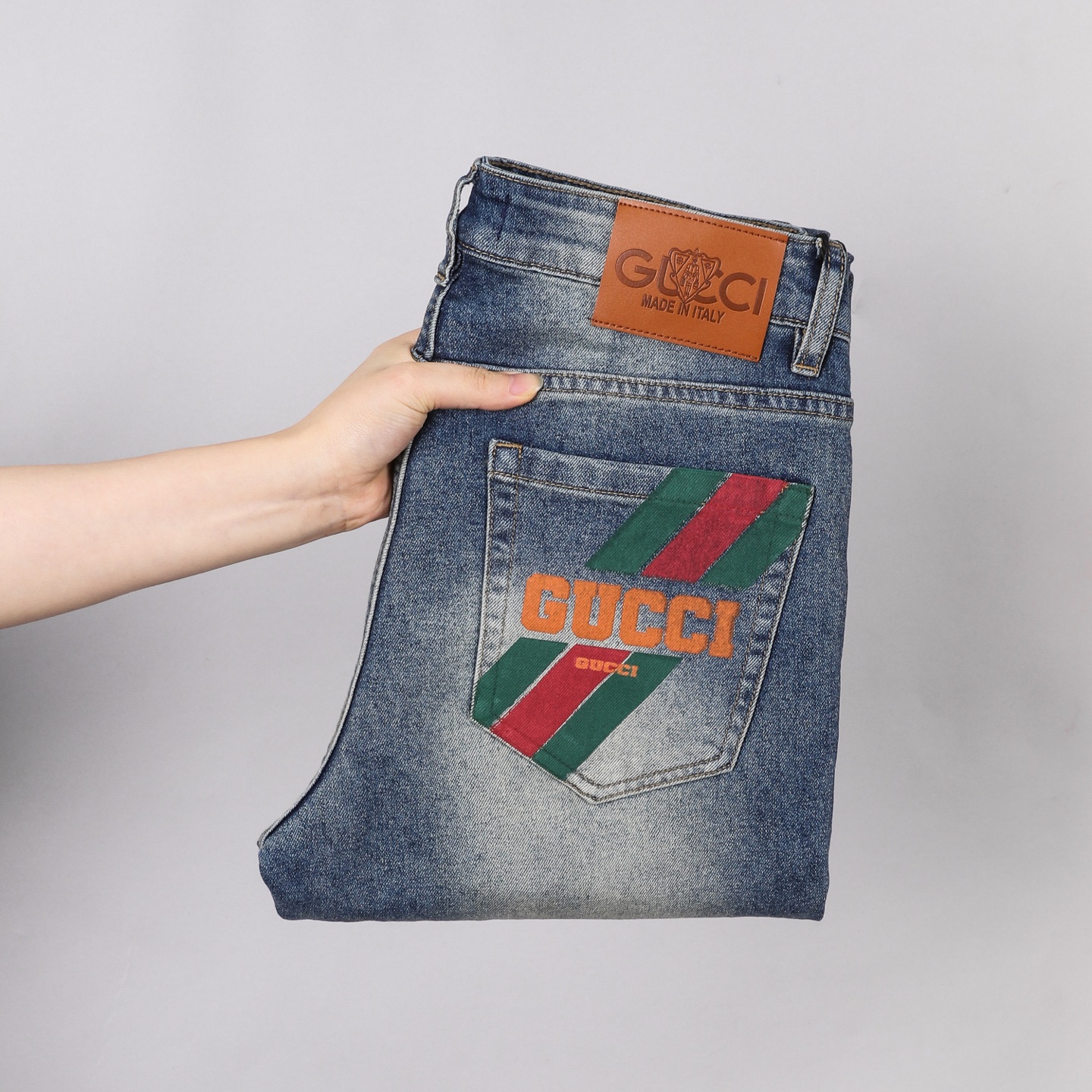 Gucci Men's Slim-Fit Denim Jeans with Signature Logo Patch, Sizes 28-38 2 i1746029524749 7261 0 0