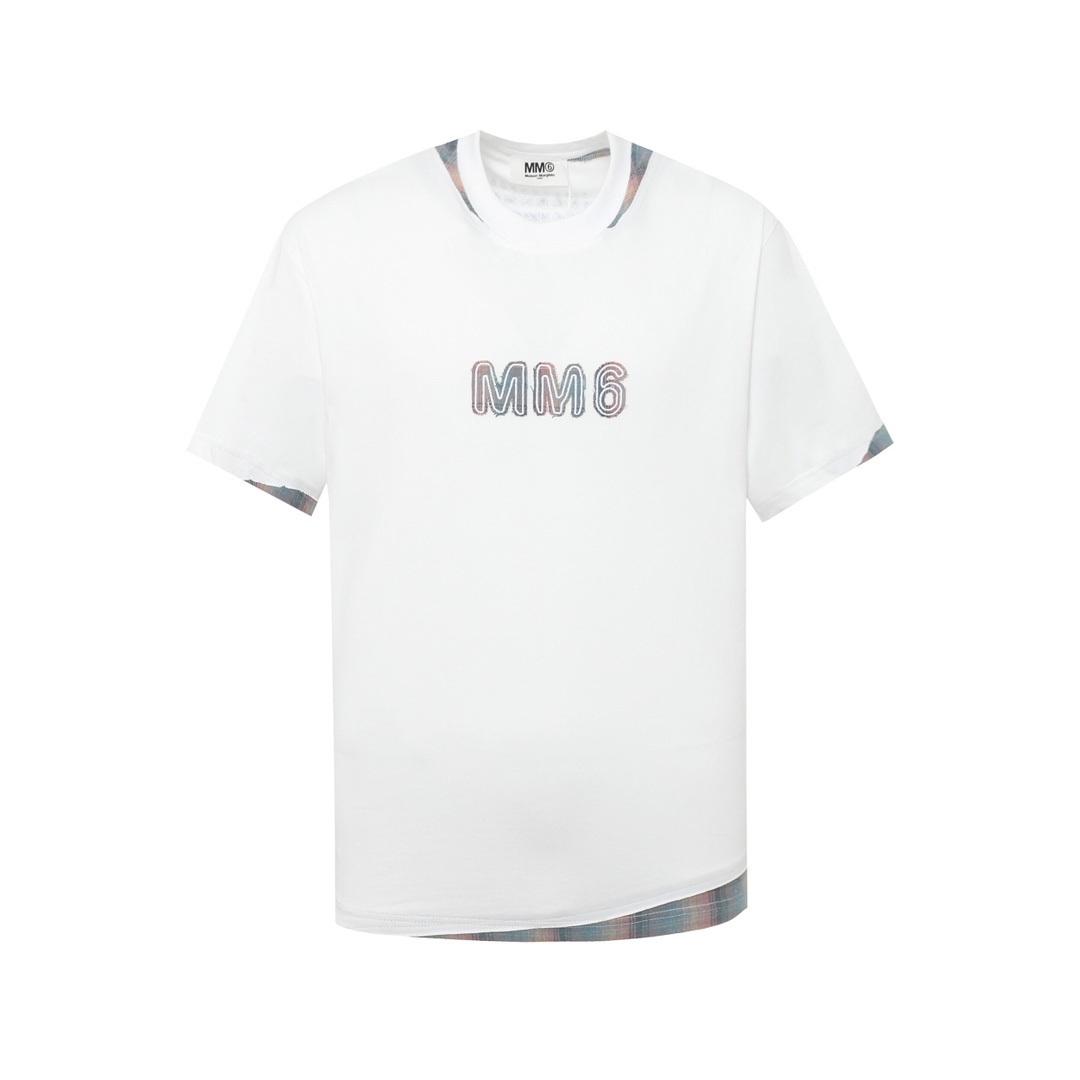 Maison Margiela Martin Margiela, nuevo estilo 24SS Camiseta de manga corta con parches de tela a cuadros + bordado de t…