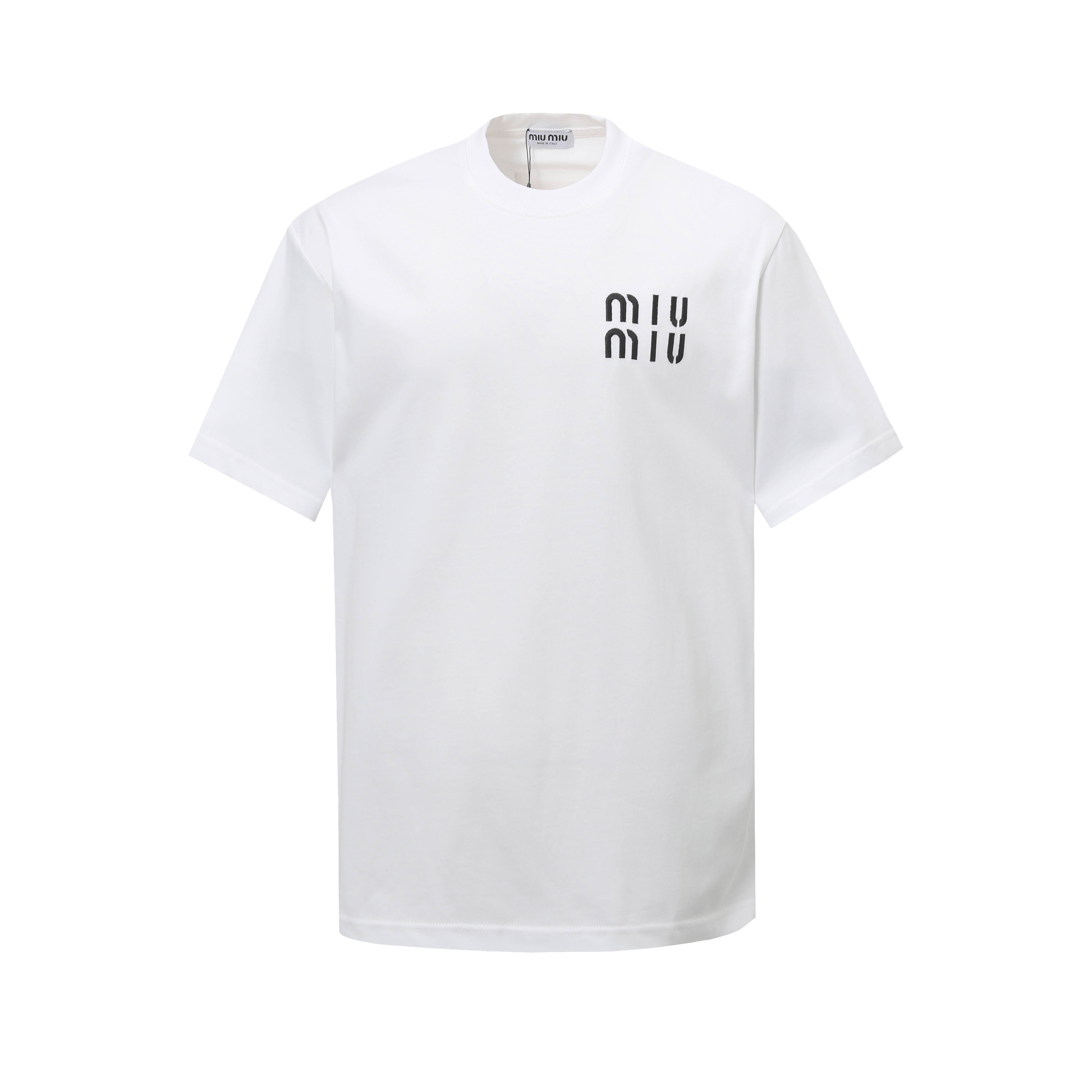 P100@ MiuMiu 25SS nuevo, camiseta de manga corta con logo clásico bordado en relieve en el frente y logo bordado con pa…