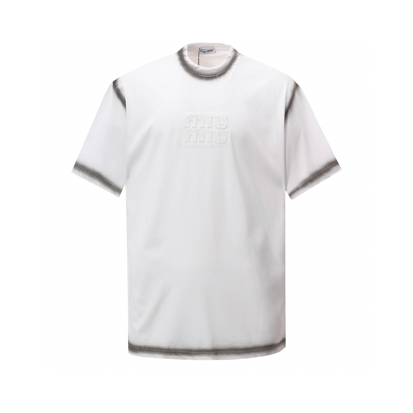 P110@ MiuMiu 25SS nueva primavera/verano, camiseta de manga corta con logo de la marca bordado en relieve en el pecho, …