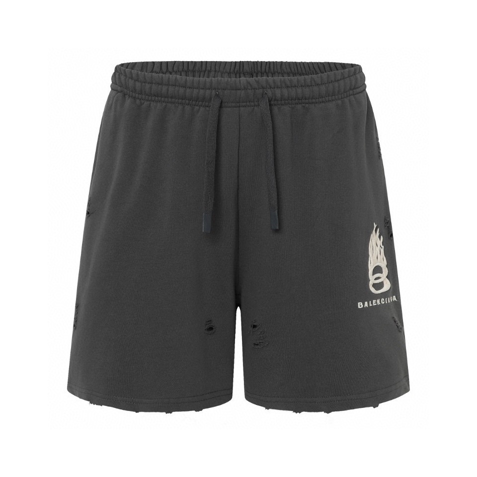 P115 BALENCIAGA Pantalones cortos de cinco cuartos con bordado de llamas, lavado a la piedra y desgastado, logo de dobl…