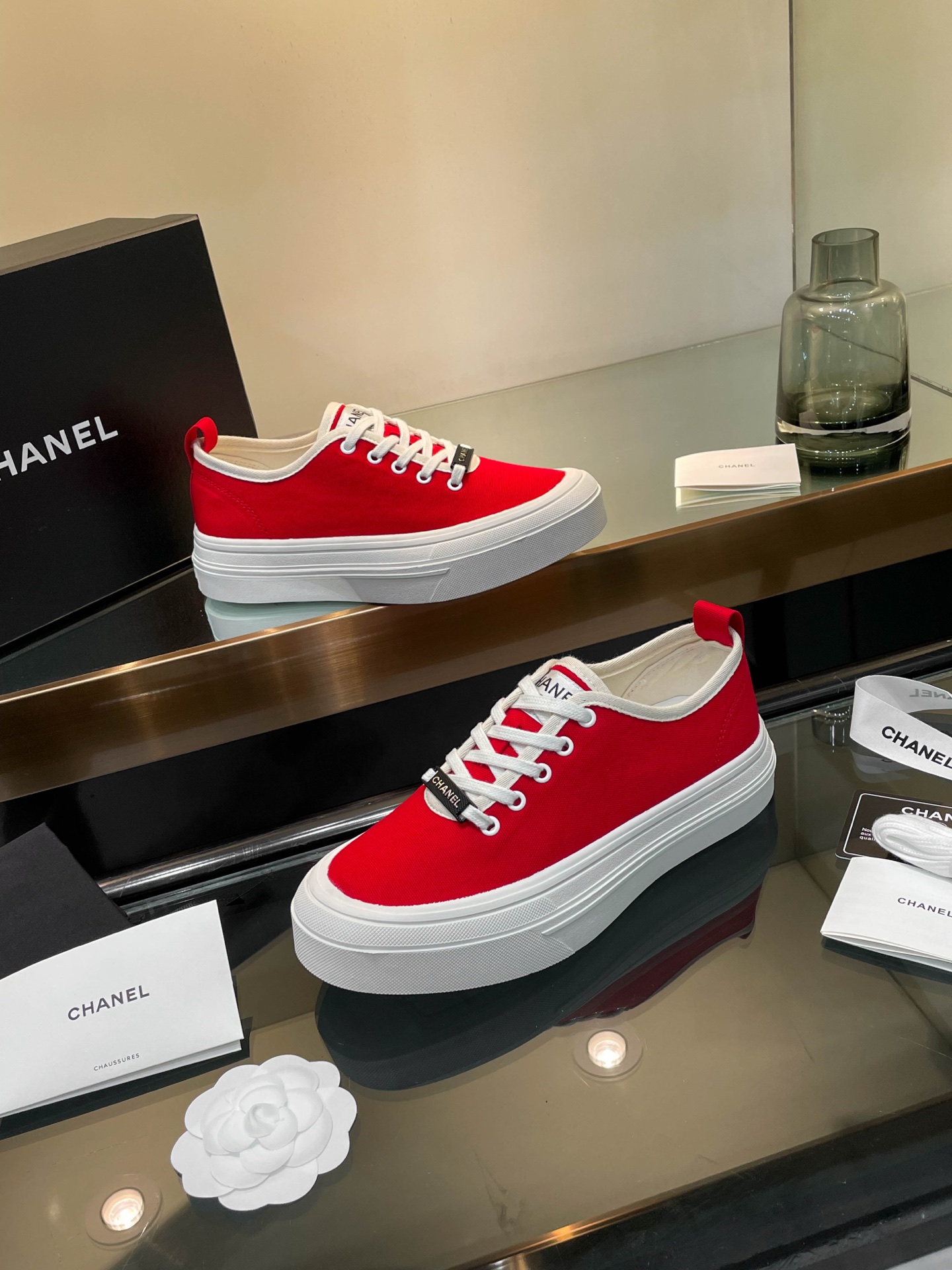 Chanel Women's Red Canvas Platform Sneakers Lace-Up Round Toe Casual Shoes 5 i1740924901052 3325 0 2