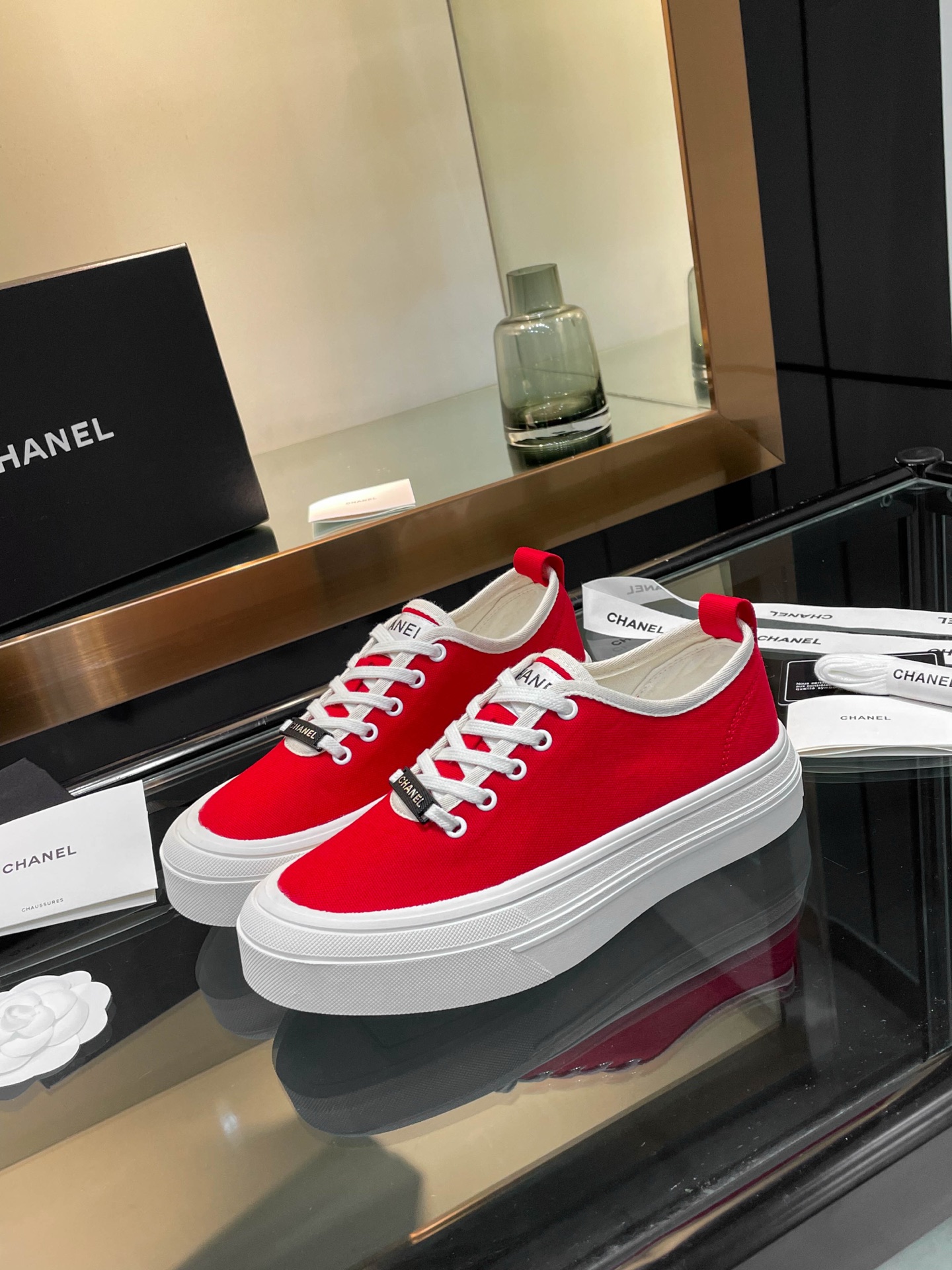 Chanel Women's Red Canvas Platform Sneakers Lace-Up Round Toe Casual Shoes 6 i1740924901062 2629 0 3