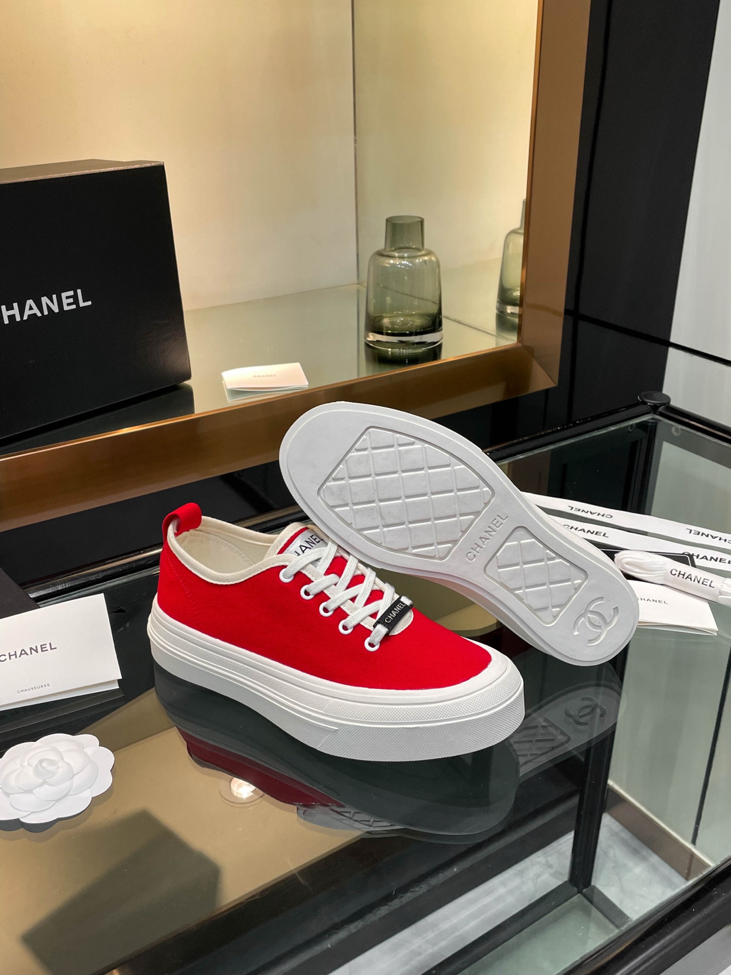 Chanel Women's Red Canvas Platform Sneakers Lace-Up Round Toe Casual Shoes 10 i1740924901084 8315 0 8