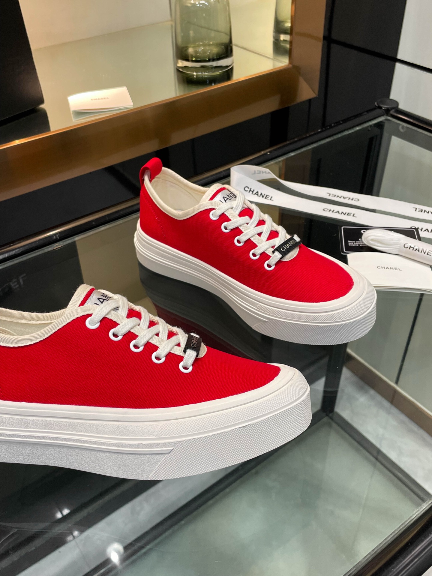 Chanel Women's Red Canvas Platform Sneakers Lace-Up Round Toe Casual Shoes 9 i1740924919029 6633 0 7