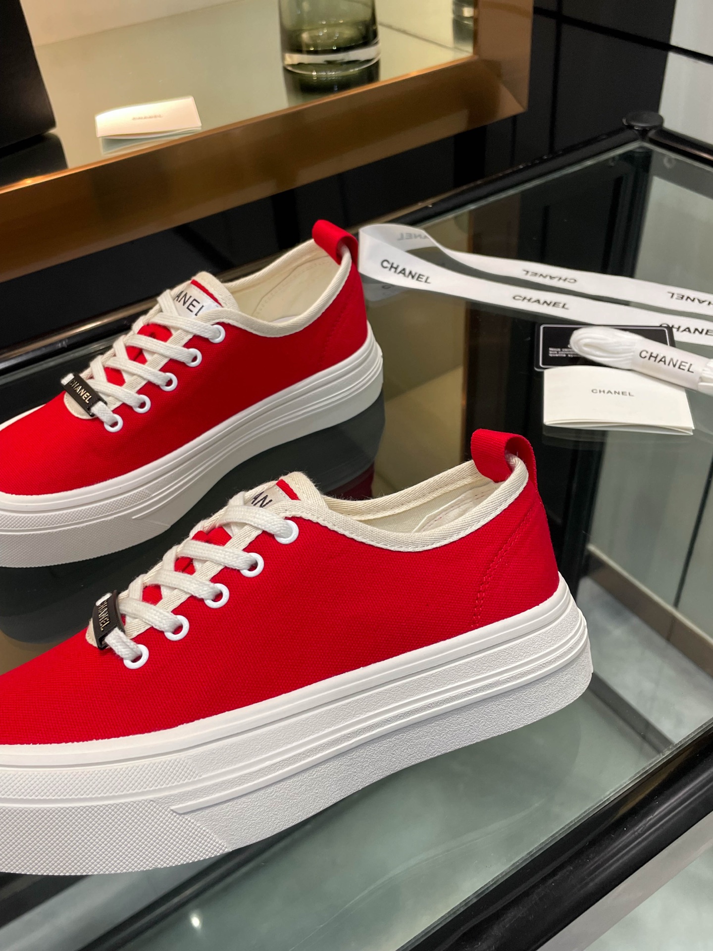 Chanel Women's Red Canvas Platform Sneakers Lace-Up Round Toe Casual Shoes 8 i1740924919046 9740 0 6