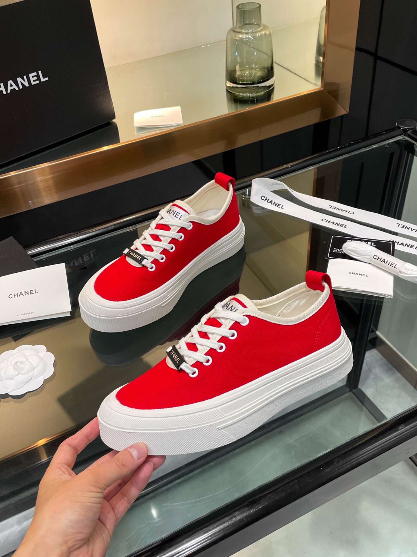 Chanel Women's Red Canvas Platform Sneakers Lace-Up Round Toe Casual Shoes 7 i1740924919051 9304 0 4