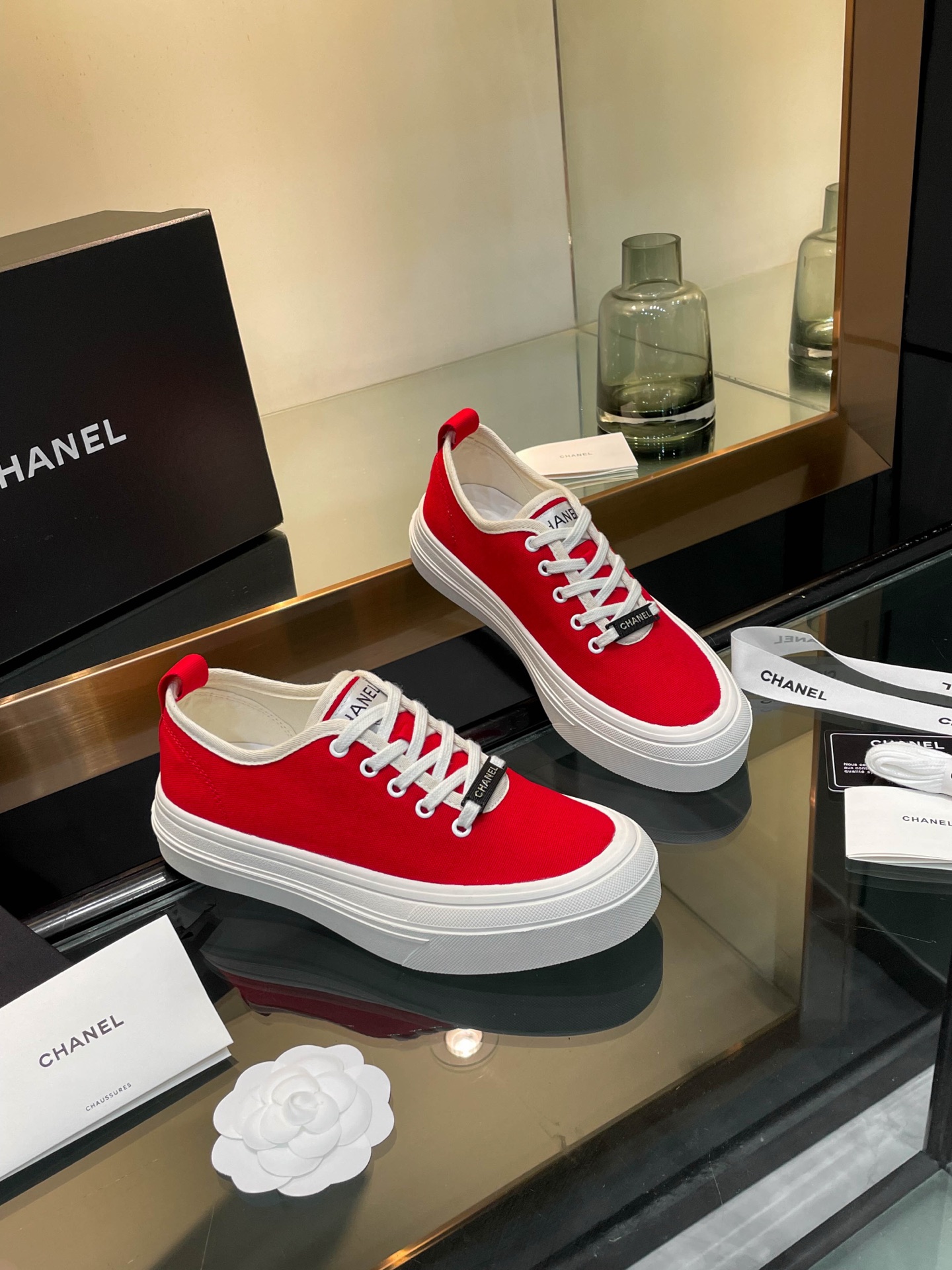 Chanel Women's Red Canvas Platform Sneakers Lace-Up Round Toe Casual Shoes 2 i1740924919062 9718 0 5