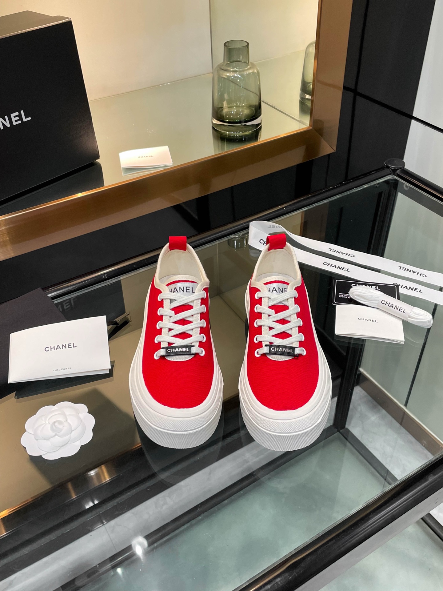 Chanel Women's Red Canvas Platform Sneakers Lace-Up Round Toe Casual Shoes 3 i1740924941500 1975 0 0