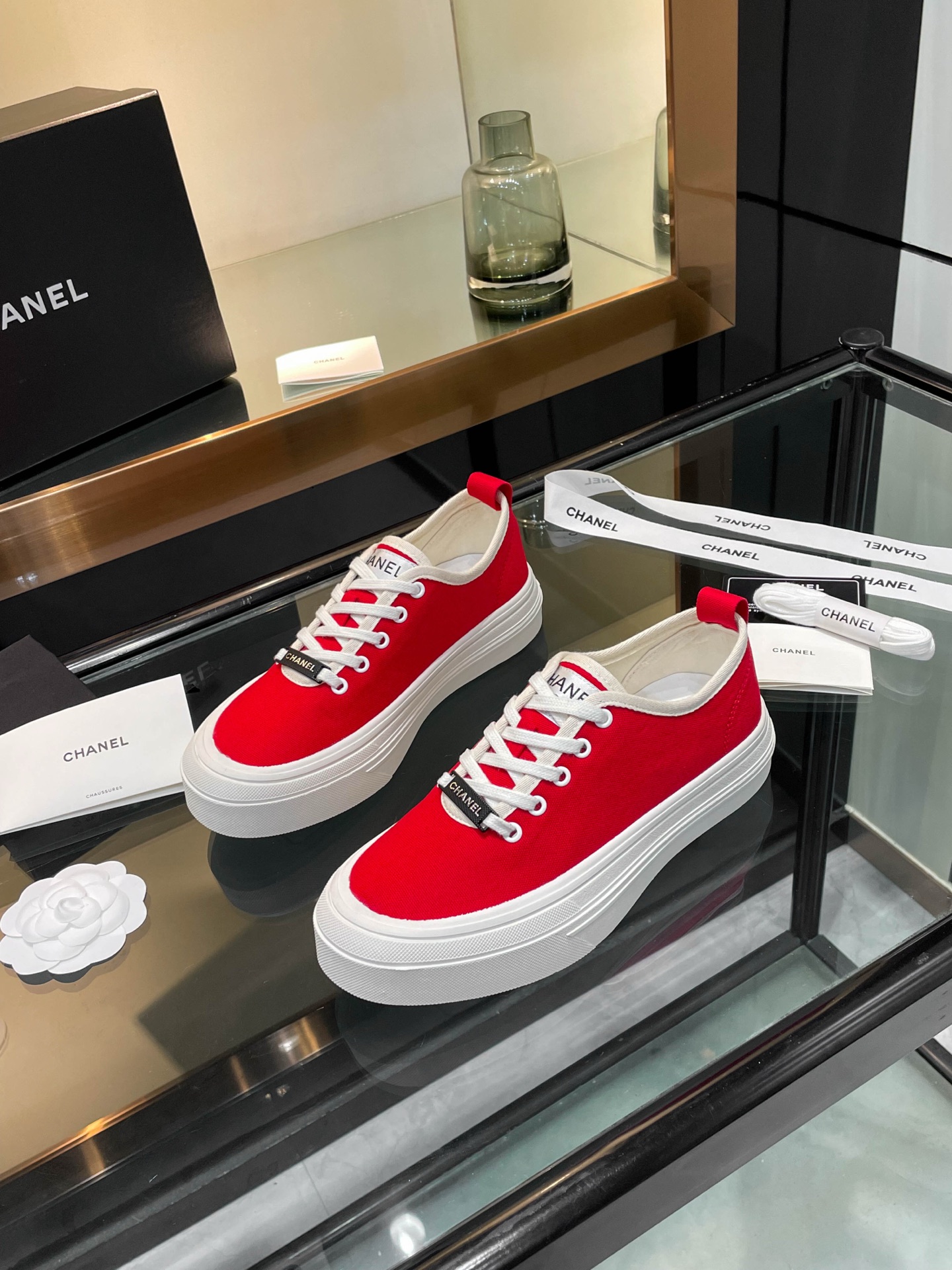 Chanel Women's Red Canvas Platform Sneakers Lace-Up Round Toe Casual Shoes 4 i1740924941502 8305 0 1
