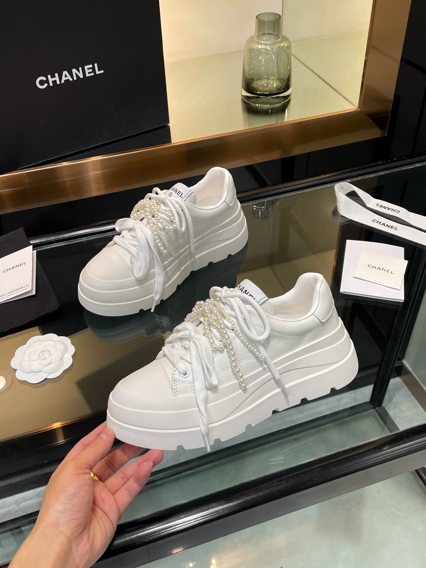 Chanel 25S White Leather Sneakers with Pearl Embellishments, Women's Shoes