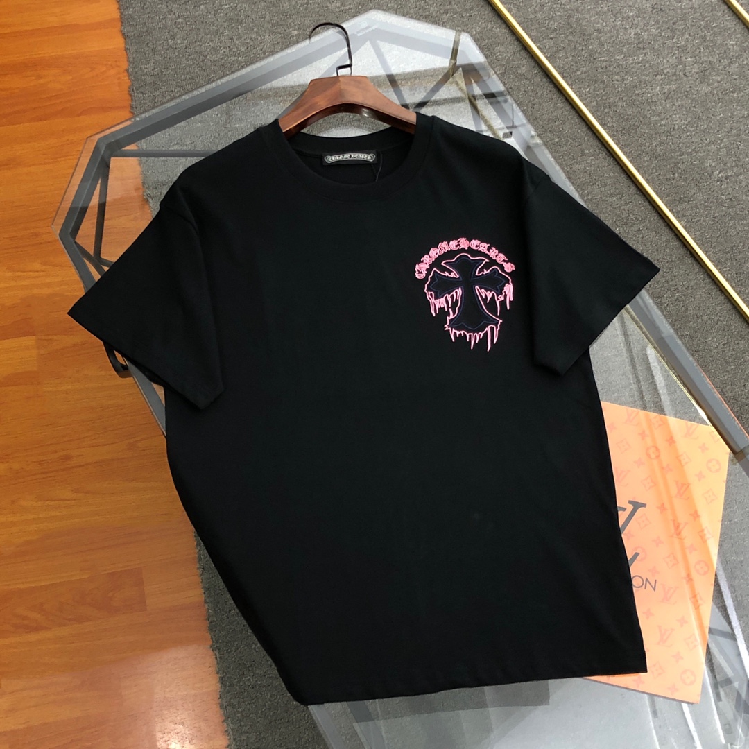 Chrome Hearts Kleidung T-Shirt Schwarz Weiß Stickerei Unisex Gekämmte Baumwolle Frühling/Sommer Kollektion Kurzarm