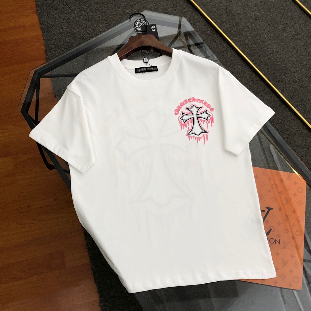 Chrome Hearts Kleidung T-Shirt Schwarz Weiß Stickerei Unisex Gekämmte Baumwolle Frühling/Sommer Kollektion Kurzarm