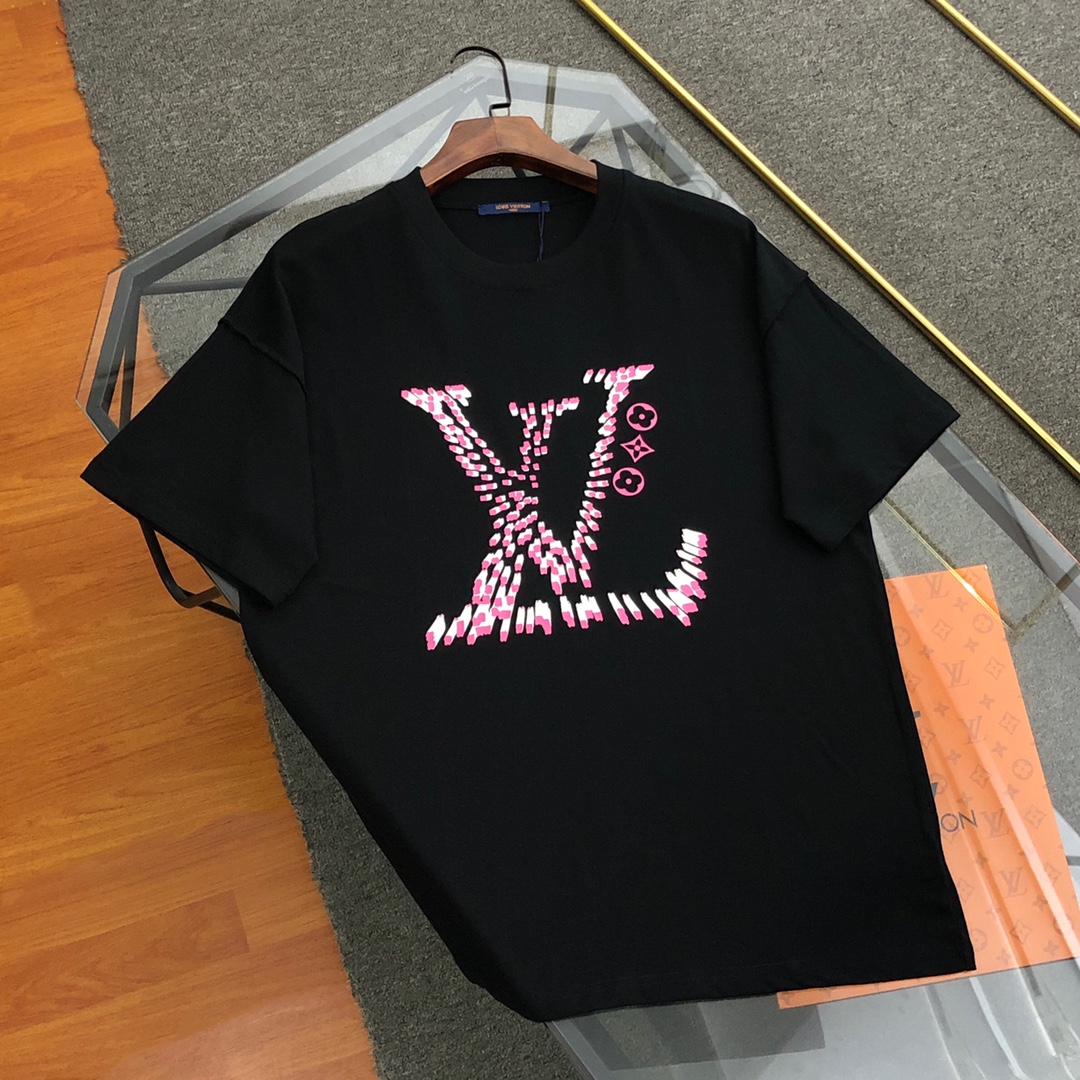 Louis Vuitton Kleding T-Shirt Zwart Wit Afdrukken Katoen Lente/Zomercollectie Fashion Korte mouw