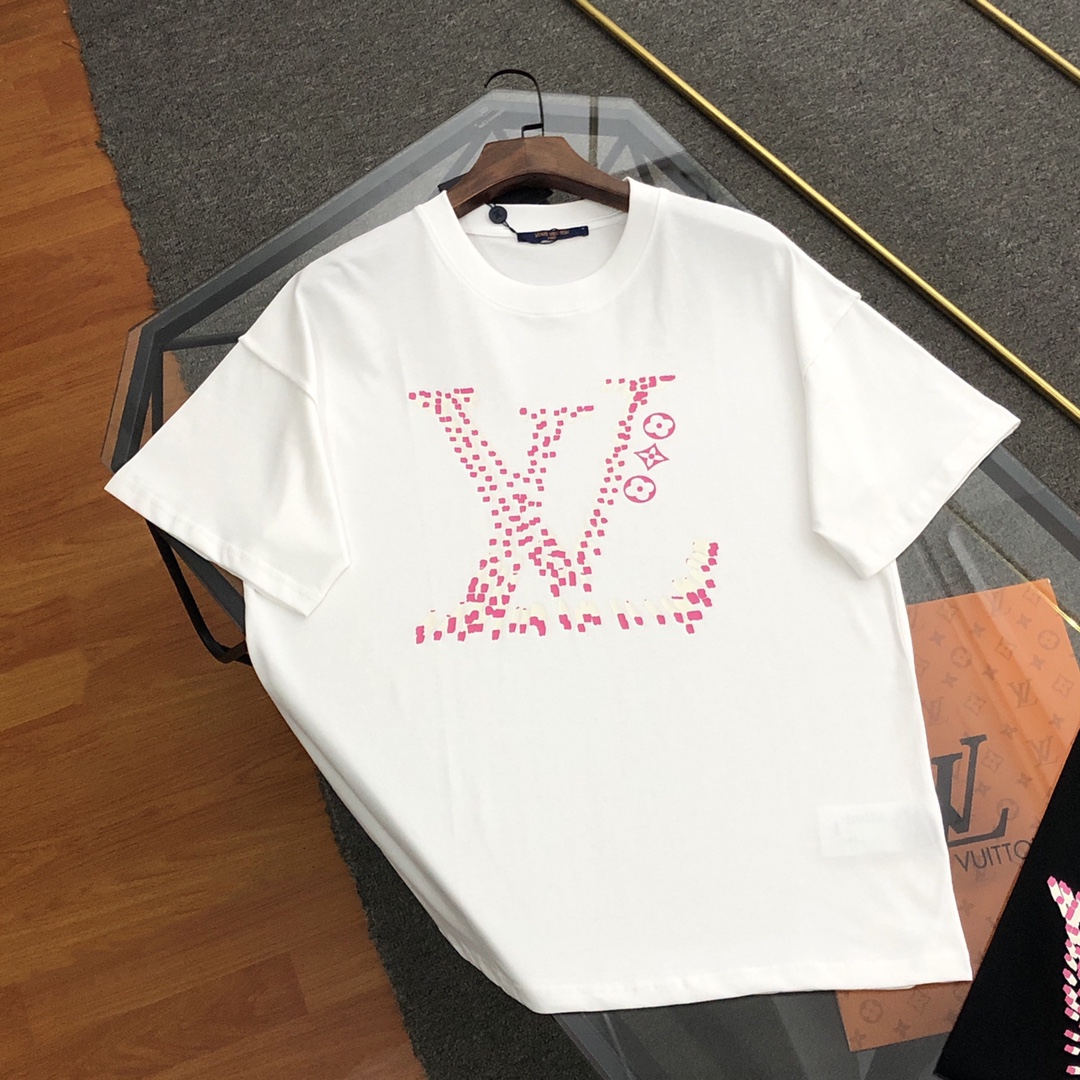 Louis Vuitton Kleding T-Shirt Zwart Wit Afdrukken Katoen Lente/Zomercollectie Fashion Korte mouw