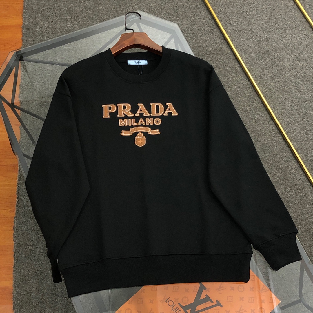 Exclusive Cheap
 Prada Clothing Sweatshirts Black White Embroidery Unisex Cotton Fashion