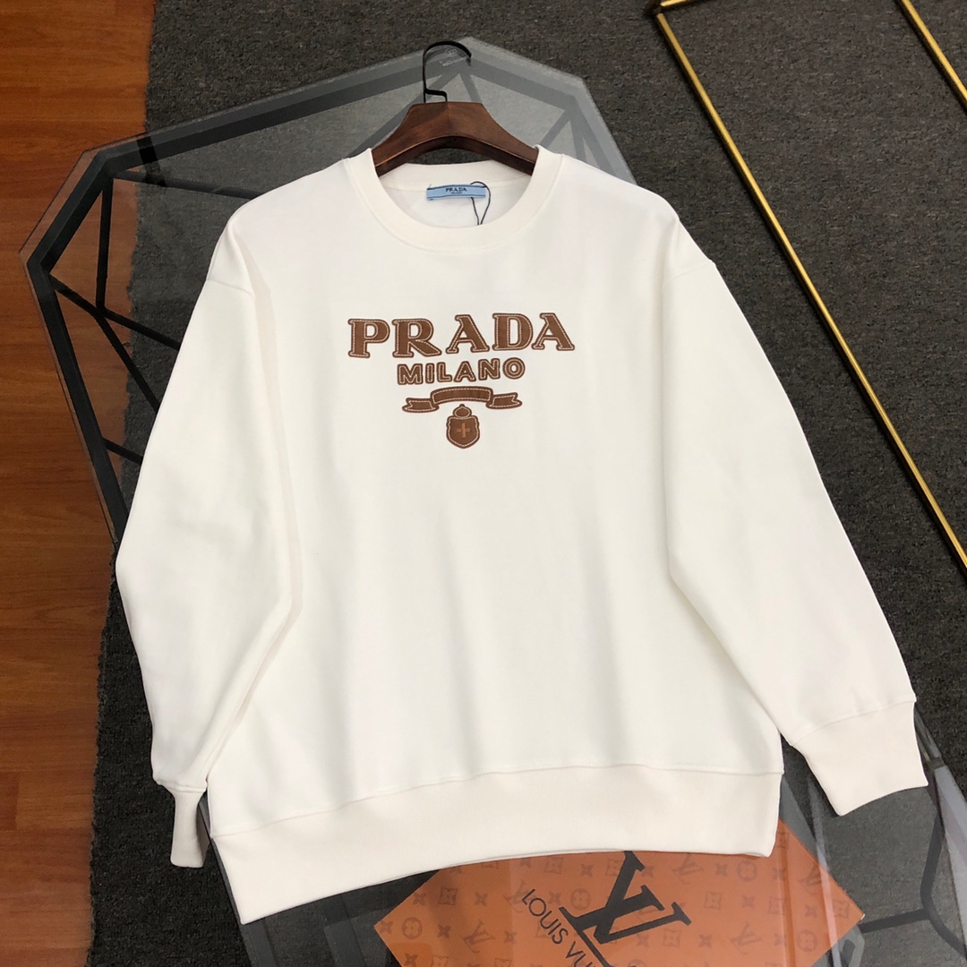 Prada Luxury
 Clothing Sweatshirts Black White Embroidery Unisex Cotton Fashion