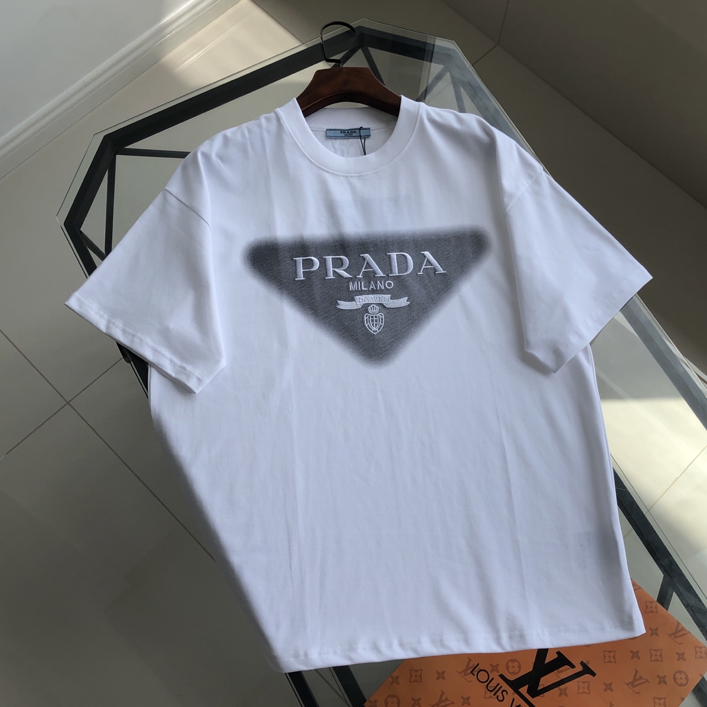 Prada Milano Embroidered Logo Short Sleeve Crew Neck Cotton T-Shirt