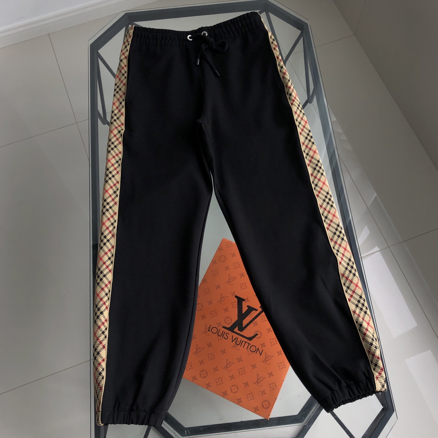 Burberry Black Cotton Blend Sweatpants with Iconic Checkered Side Stripe