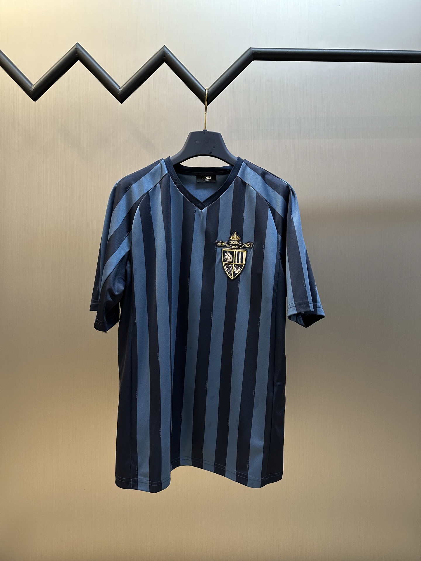 Fendi Club badge striped short sleeve. Custom woven and dyed ultra-dense nylon luxury sports fabric, with light blue as…