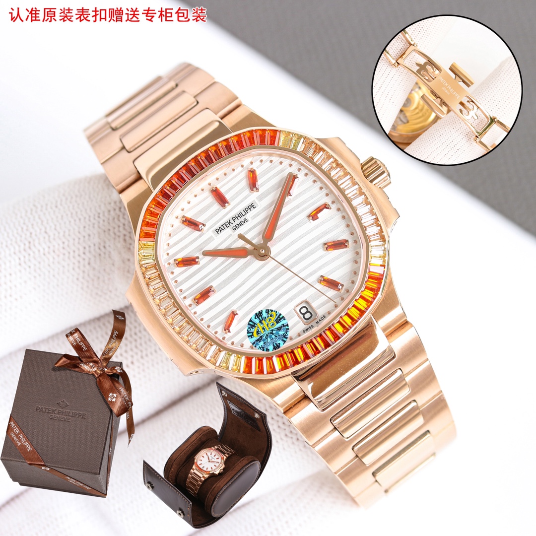 NO:944639,Produced by GR GR Factory Patek Philippe Nautilus women's watch launches new jewelry style P PP comes with value-for-money travel convenient customized watch box  The octagonal bezel is set with a double row of 68 elongated spessartite garnets, showing a double gradient effect from cognac color (at 12 o'clock and 6 o'clock) to champagne color (at 9 and 3 o'clock). The dial is set with spire-shaped cognac-colored spessartite garnet hour markers. Between the flow of light and shadow, this rare masterpiece shows a modern charm.  The dial is decorated with the unique ripple pattern of Nautilus women's watches to ensure clarity and legibility, reflecting Patek Philippe's pursuit of readability, even for jewelry watches. Watch Customized 324SC self-winding mechanical movement Movement window-type date display. Center large second hand. Dial Rose gold-plated dial, 'ripple' pattern, spire-shaped cognac-colored spessartine garnet hour markers. Case  Rose gold. Sapphire crystal transparent cover. Waterproof coefficient 60 meters. Diameter (10 o'clock to 4 o'clock): 35.2 mm. Simultaneously authentic strap. Rose gold new buckle style. Best luxury recommendation for gifts. Please look for the exclusive quality of GR factory, patek philippe19860909GR 出品  GR Factory 百达翡丽 Nautilus女式腕表推出全新珠宝款式P PP赠送价值旅行便捷定制手表表盒 八角形表圈镶饰双排68颗长形锰铝榴石,呈现自干邑色(12时和6时位置)至香槟色(9时和3时位置)的双重渐变效果.表盘镶嵌尖顶形干邑色锰铝榴石时标.光影流转之间,这款珍稀杰作尽展现代韵致. 表盘饰以Nautilus女式腕表特有的波纹图案,确保清晰易辨,体现百达翡丽对可读性的追求,即便是珠宝腕表也不例外. 腕表 定制改324SC自动上弦机械机芯 机芯视窗式日期显示.中心大秒针. 表盘 镀玫瑰金表盘,“波纹”图案,尖顶形干邑色锰铝榴石时标. 表壳 玫瑰金.蓝宝石水晶透盖.防水系数60米.直径(10时至4时位置):35.2毫米.同步正品 表带 玫瑰金新扣款式送礼最佳奢华推荐请认准GR厂独家品质,,patek philippe,Watch