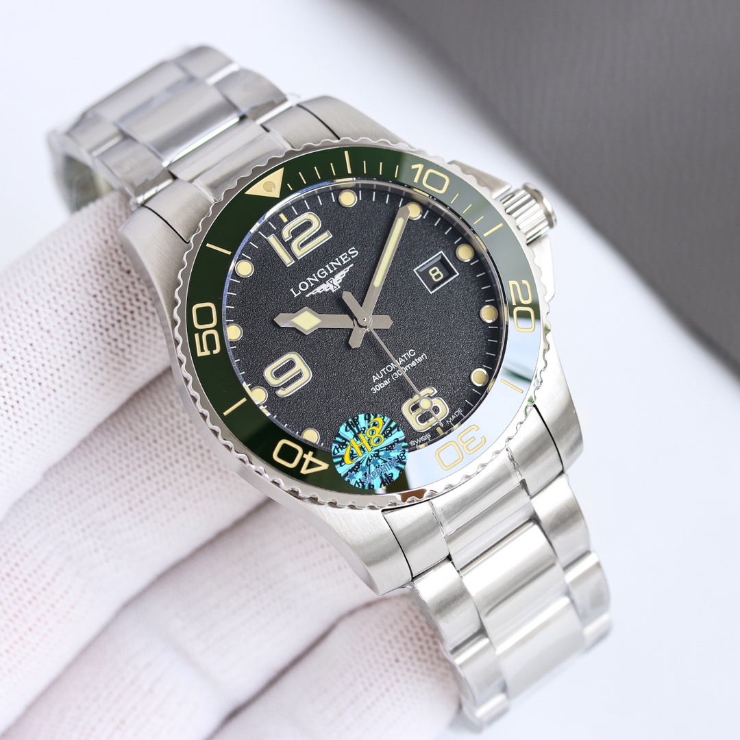 Longines HydroConquest L3.781.4.05.6 stainless steel case and bracelet, green bezel, dark gray dial 41mm Men's Automatic