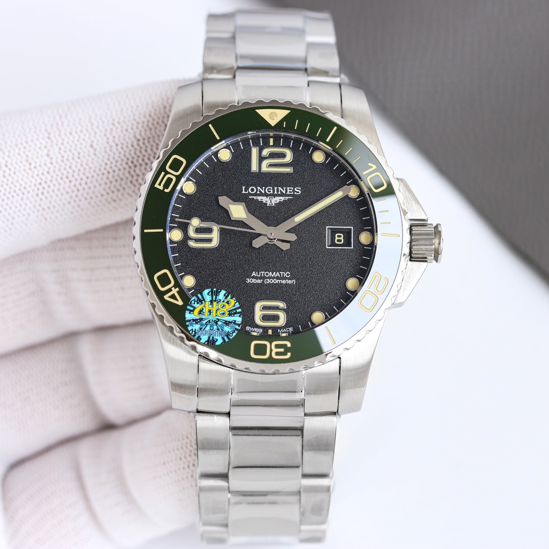 Longines HydroConquest L3.781.4.05.6 stainless steel case and bracelet, green bezel, dark gray dial 41mm Men's Automatic
