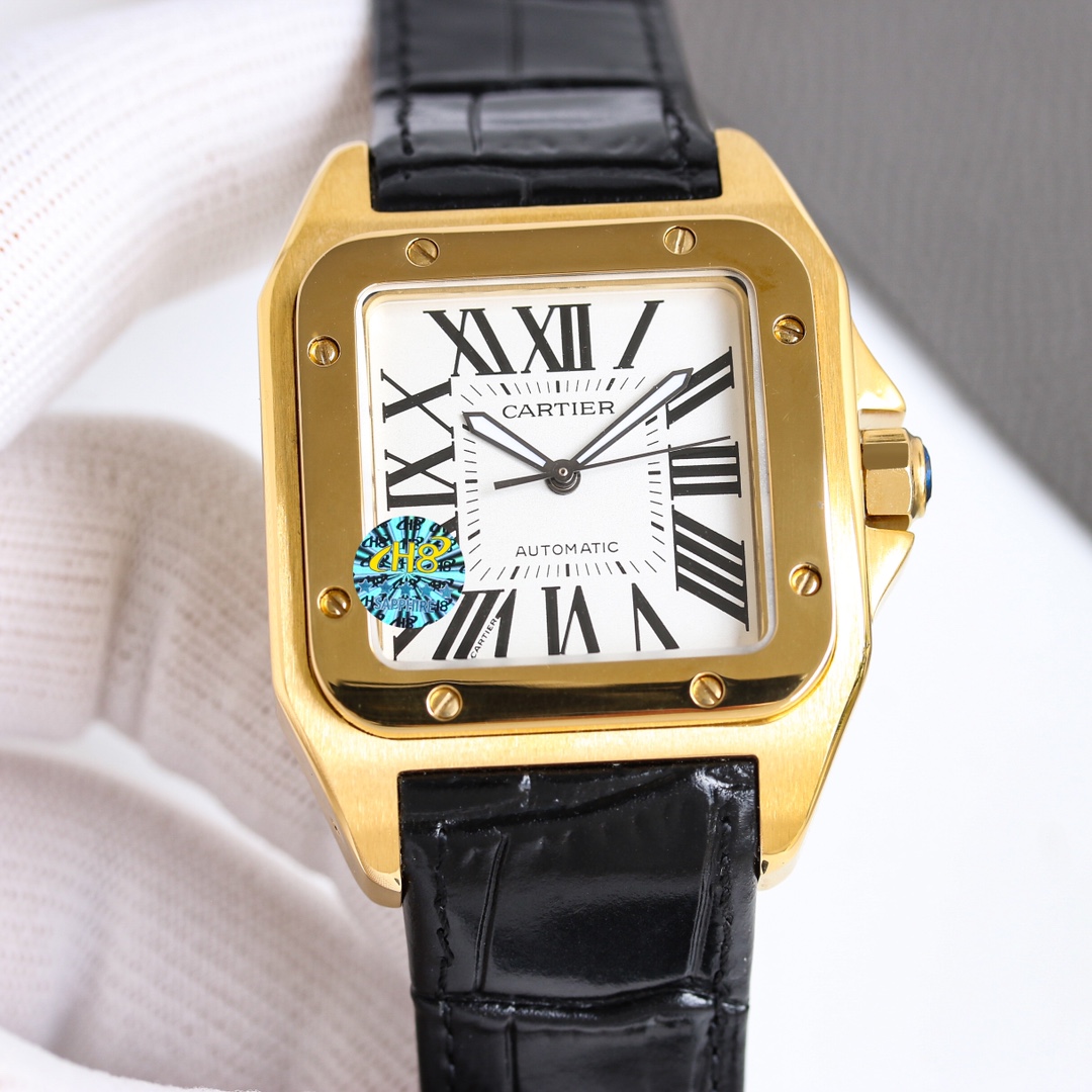 Cartier Santos 100 W20073X8 stainless steel case and bezel, silver-white dial, black leather strap 51mm Men's Automatic
