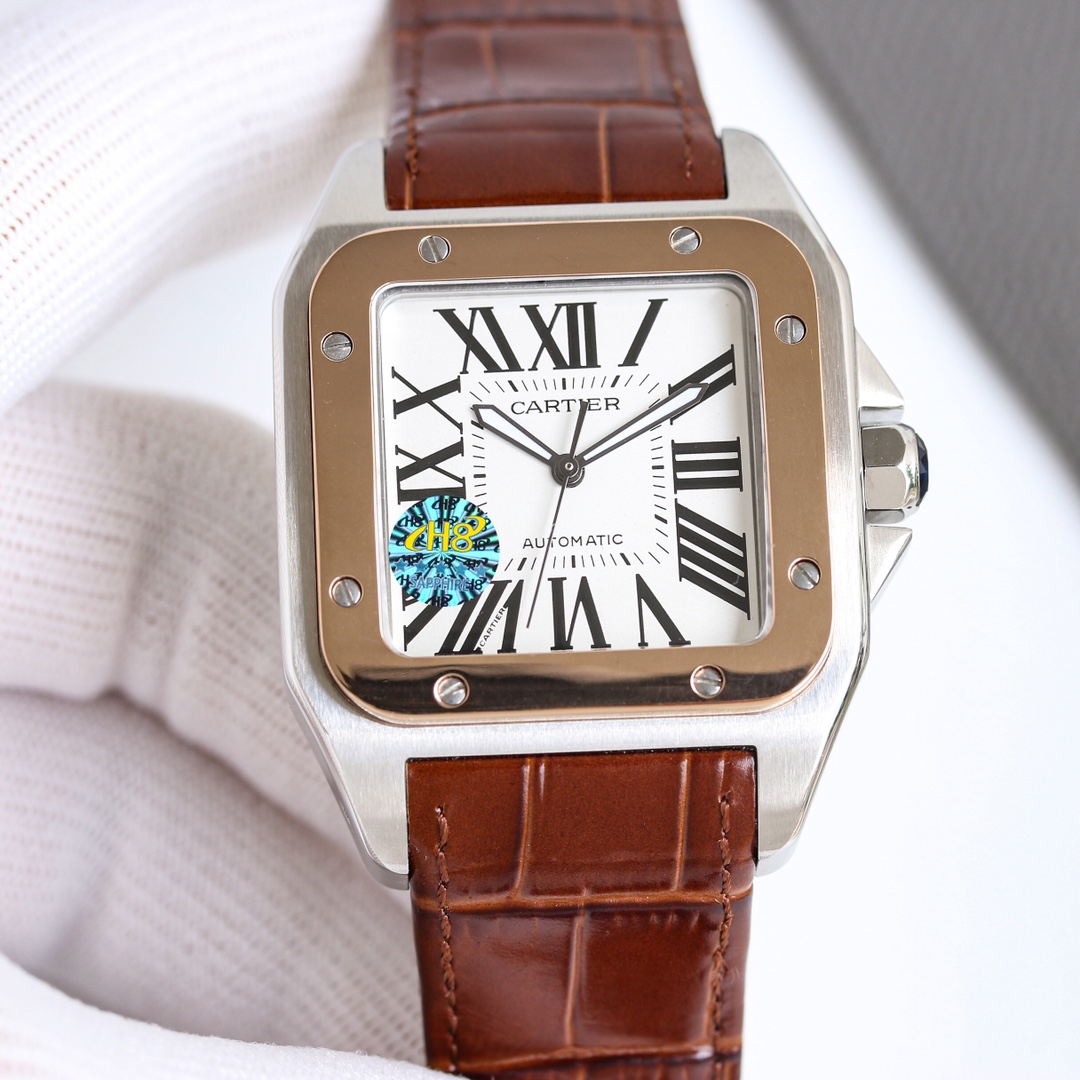Cartier Santos 100 W20073X8 stainless steel case and bezel, silver-white dial, black leather strap 51mm Men's Automatic