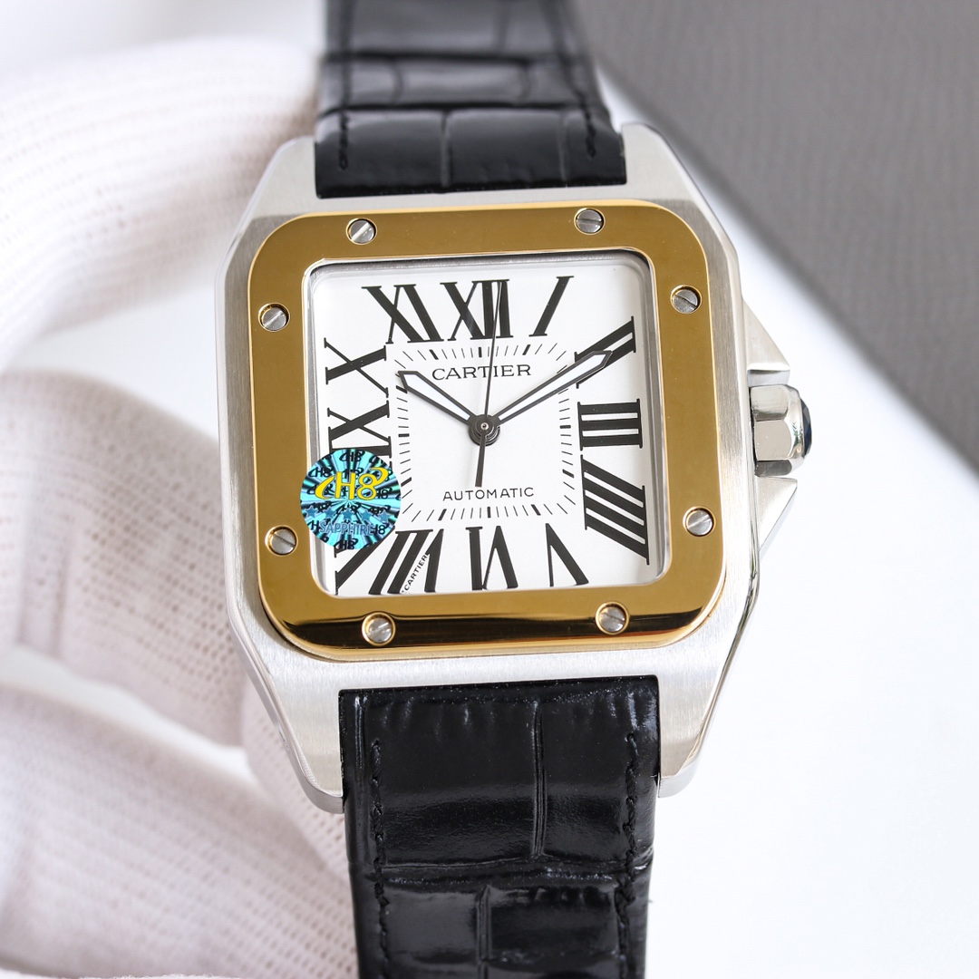Cartier Santos 100 W20073X8 stainless steel case and bezel, silver-white dial, black leather strap 51mm Men's Automatic