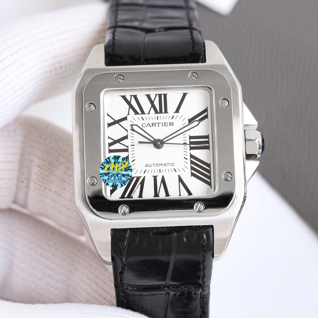 Cartier Santos 100 W20073X8 stainless steel case and bezel, silver-white dial, black leather strap 51mm Men's Automatic