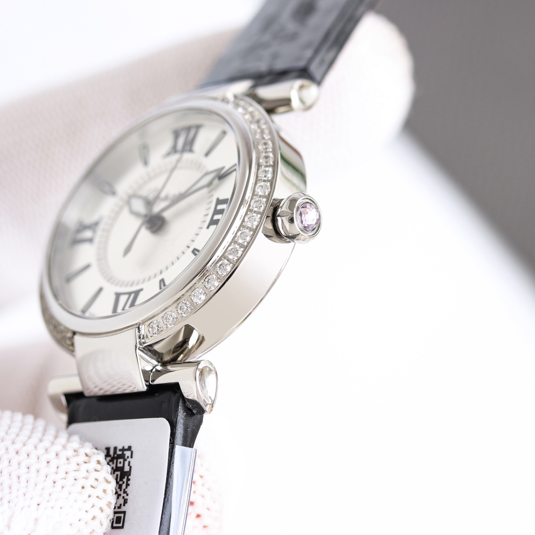 Chopard Imperiale 388563-3007 stainless steel diamond-set bezel white mother-of-pearl dial black leather strap 28mm Women's Quartz