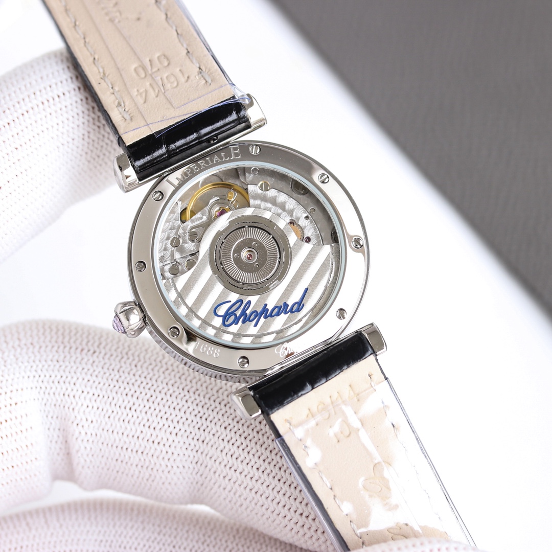 Chopard Imperiale 388563-3007 stainless steel diamond-set bezel white mother-of-pearl dial black leather strap 28mm Women's Quartz