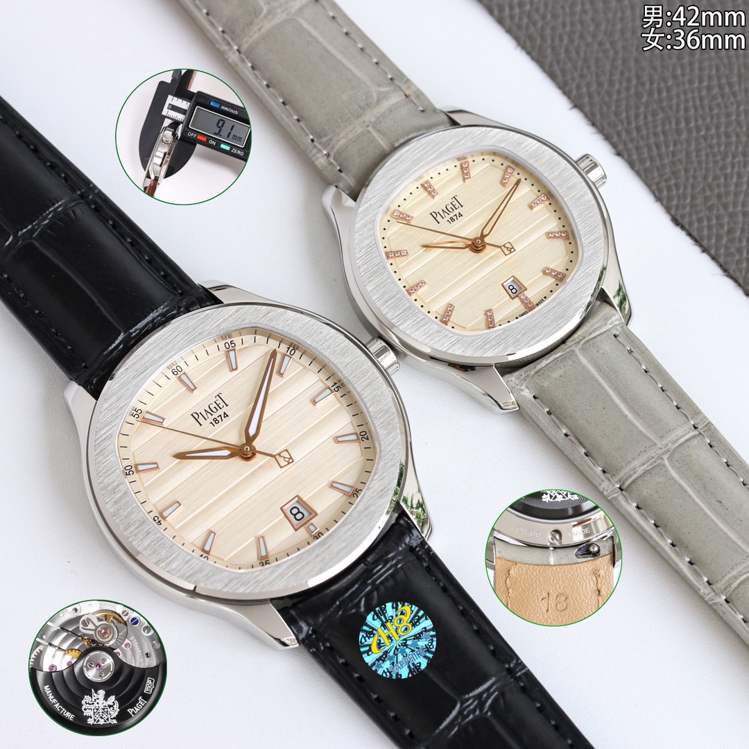 NO:727274,White shell, gold shell, 50 diamonds, steel band, new Piaget Polo Date 150th Anniversary Edition watch. TW Piaget ultra-thin PIAGET POLO series couple watch, known as the Little Nautilus!  (Piaget Steel King) is an elegant sports watch that can be used for business or sports and leisure. Welcome to compare details: 1. Equipped with a customized version of 9015 modified 1110P automatic winding movement, with a 50-hour power reserve. 2316L I-shaped belt with horizontal brushed pattern beads echoes the shape of the case 'a circle in a square, a square in a circle'. The original double snap buckle is printed with the Piaget logo, and the steel belt headband is printed with BBWL 4 for men and PMBB for women.  5. Pay close attention to the details. 3. Watch size: 429.3mm for men and 369.1mm for women. The size and thickness are consistent with the genuine product. 4. Double-sided anti-glare sapphire crystal glass. Simple three-hand needle with 6 o'clock calendar. It is elegant and suitable for any occasion. The high-end watch full of sunshine and charm is paired with a polished and matte polished stainless steel bracelet, which perfectly matches the pillow-shaped dial of the round case with beautiful outline.  TW Piaget polo series, look for the back cover number 8. 1175293, please look for the exclusive details and welcome,,piaget19860909白壳 金壳 钻50 钢带 新的伯爵Polo Date 150周年纪念版腕表.TW伯爵超薄PIAGET POLO系列情侣对表,人称小鹦鹉螺！(伯爵钢王)一款优雅的运动腕表,可商务亦可运动休闲. 欢迎对比细节:1搭载定制版9015改1110P自动上链机芯,拥有50个小时的动力储存. 2316L工字带搭配横向拉丝纹中珠呼应表壳“方中带圆,圆中带方”的造型,原装双按扣印有伯爵logo字样,钢带头粒两侧印有男款BBWL 4,女款PMBB 5认准细节 3腕表尺寸:男款429.3mm.女款369.1mm.尺寸厚度均与正品一致. 4表镜双面防眩目蓝宝石水晶玻璃. 简约大三针带6点位日历,上手优雅大气,适合于任何场合佩戴,充满阳光魅力的高级腕表搭配经抛光及雾面打磨的精钢表链,与轮廓优美的圆形表壳枕型表盘完美契合. TW伯爵polo系列,认准后盖编号8. 1175293请认准独家细节欢迎,,piaget,Watch