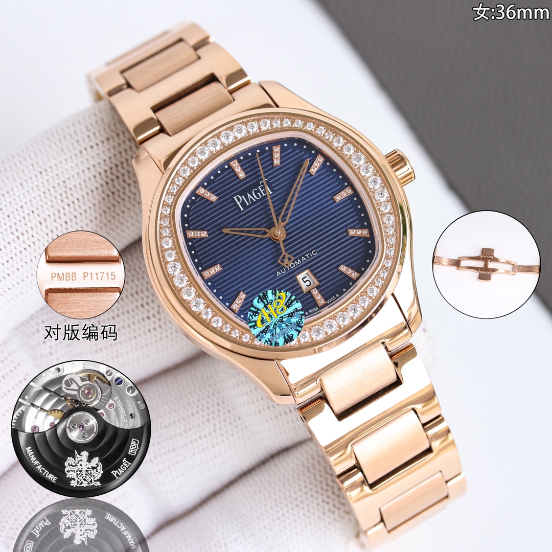 NO:727290,White shell, gold shell, 50 diamonds, steel band, new Piaget Polo Date 150th Anniversary Edition watch. TW Piaget ultra-thin PIAGET POLO series couple watch, known as the Little Nautilus!  (Piaget Steel King) is an elegant sports watch that can be used for business or sports and leisure. Welcome to compare details: 1. Equipped with a customized version of 9015 modified 1110P automatic winding movement, with a 50-hour power reserve. 2316L I-shaped belt with horizontal brushed pattern beads echoes the shape of the case 'a circle in a square, a square in a circle'. The original double snap buckle is printed with the Piaget logo, and the steel belt headband is printed with BBWL 4 for men and PMBB for women.  5. Pay close attention to the details. 3. Watch size: 429.3mm for men and 369.1mm for women. The size and thickness are consistent with the genuine product. 4. Double-sided anti-glare sapphire crystal glass. Simple three-hand needle with 6 o'clock calendar. It is elegant and suitable for any occasion. The high-end watch full of sunshine and charm is paired with a polished and matte polished stainless steel bracelet, which perfectly matches the pillow-shaped dial of the round case with beautiful outline.  TW Piaget polo series, look for the back cover number 8. 1175293, please look for the exclusive details and welcome,,piaget19860909白壳 金壳 钻50 钢带 新的伯爵Polo Date 150周年纪念版腕表.TW伯爵超薄PIAGET POLO系列情侣对表,人称小鹦鹉螺！(伯爵钢王)一款优雅的运动腕表,可商务亦可运动休闲. 欢迎对比细节:1搭载定制版9015改1110P自动上链机芯,拥有50个小时的动力储存. 2316L工字带搭配横向拉丝纹中珠呼应表壳“方中带圆,圆中带方”的造型,原装双按扣印有伯爵logo字样,钢带头粒两侧印有男款BBWL 4,女款PMBB 5认准细节 3腕表尺寸:男款429.3mm.女款369.1mm.尺寸厚度均与正品一致. 4表镜双面防眩目蓝宝石水晶玻璃. 简约大三针带6点位日历,上手优雅大气,适合于任何场合佩戴,充满阳光魅力的高级腕表搭配经抛光及雾面打磨的精钢表链,与轮廓优美的圆形表壳枕型表盘完美契合. TW伯爵polo系列,认准后盖编号8. 1175293请认准独家细节欢迎,,piaget,Watch