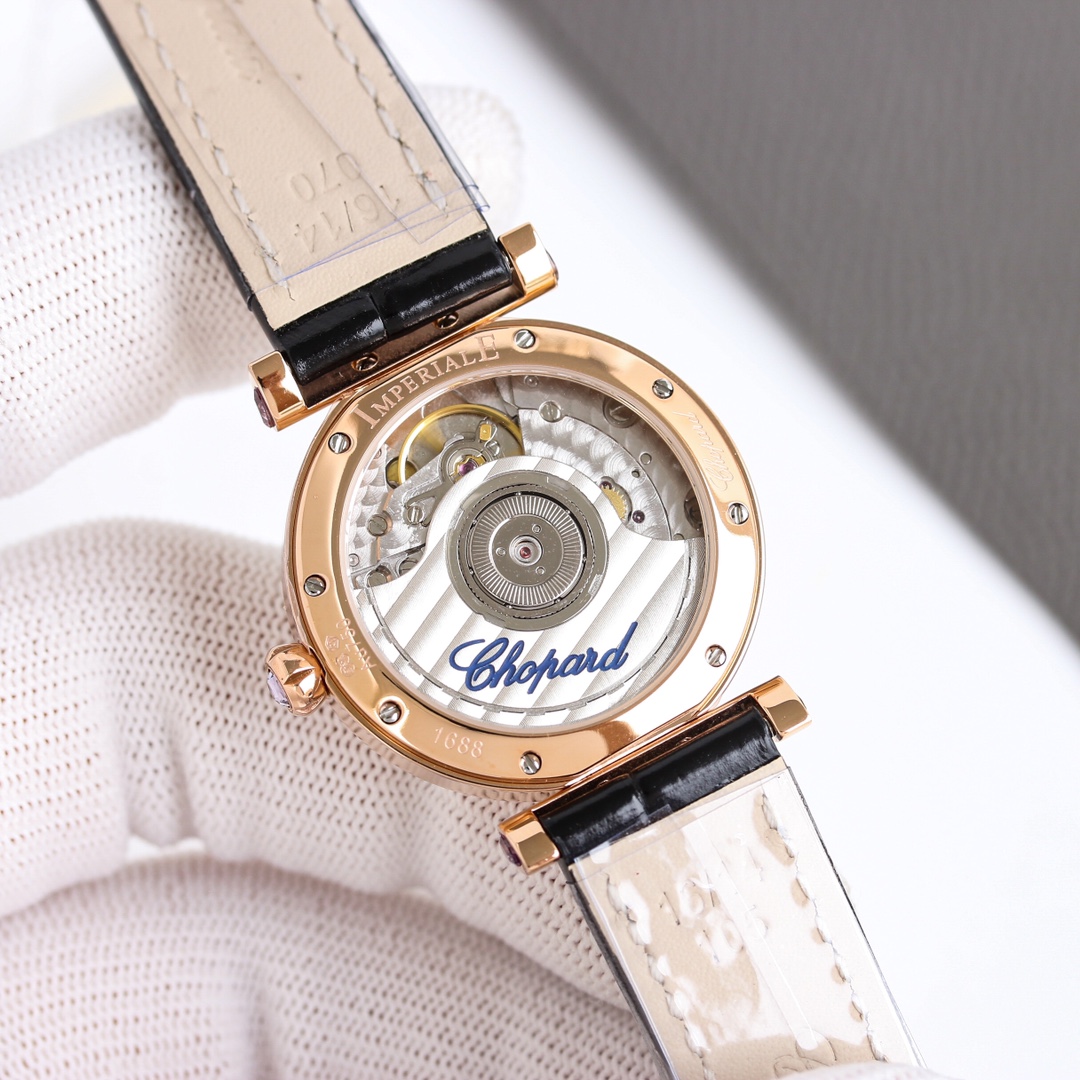 Chopard Imperiale 384238-5001 rose gold case, rose gold bezel, white dial, brown leather strap 28mm Women's Automatic