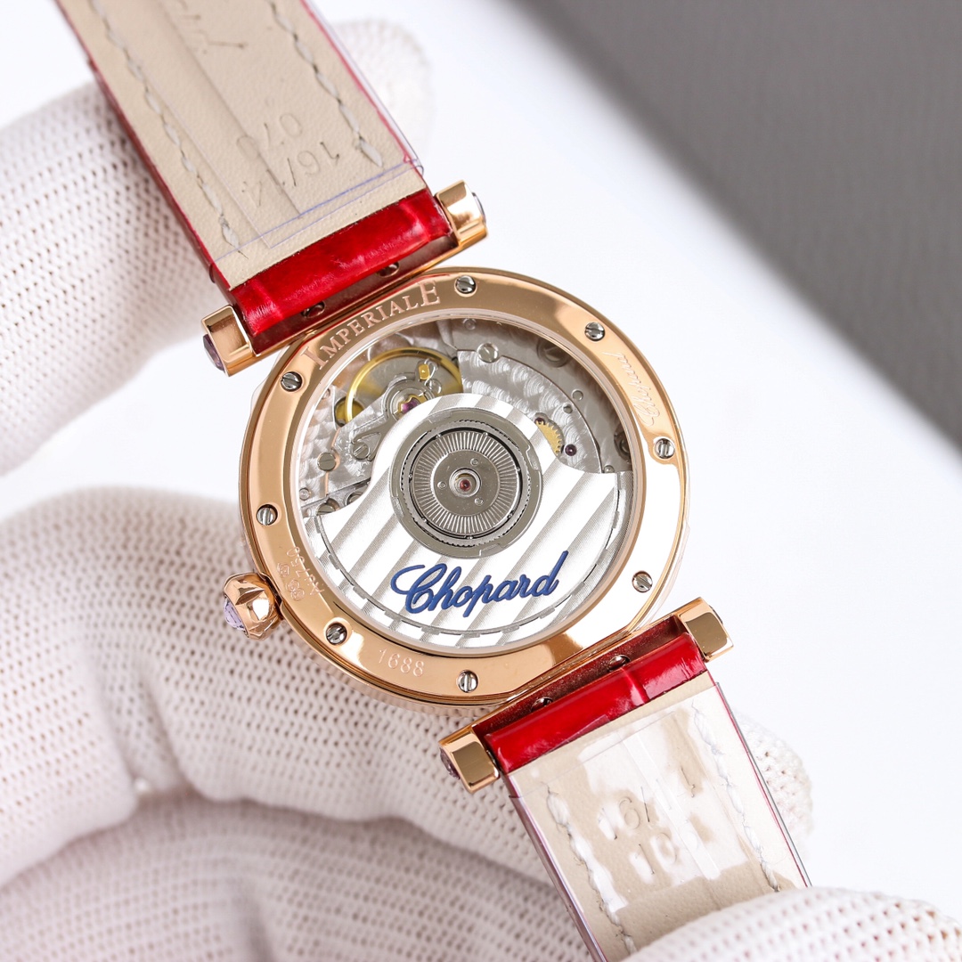 Chopard Imperiale 384238-5003 rose gold diamond-set case and bezel, white mother-of-pearl dial, brown leather strap 28mm Women's Quartz
