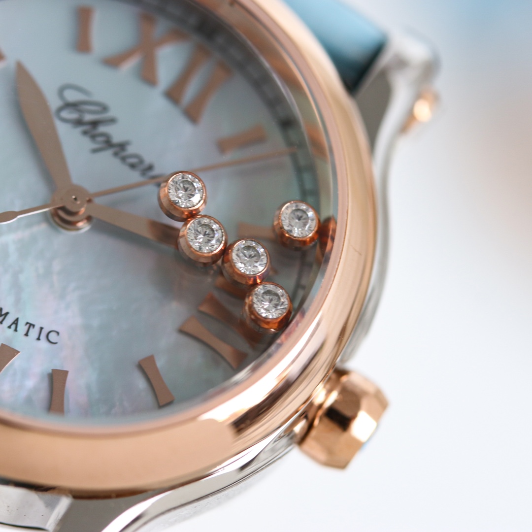 Chopard Happy Sport 278608-6013 stainless steel and rose gold case, rose gold bezel, light blue mother-of-pearl dial, light blue leather strap 33mm Women's Automatic