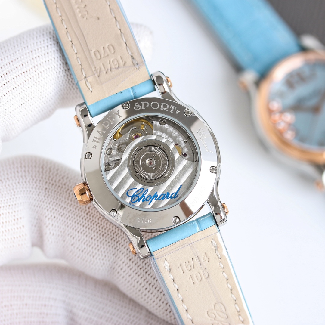 Chopard Happy Sport 278608-6013 stainless steel and rose gold case, rose gold bezel, light blue mother-of-pearl dial, light blue leather strap 33mm Women's Automatic