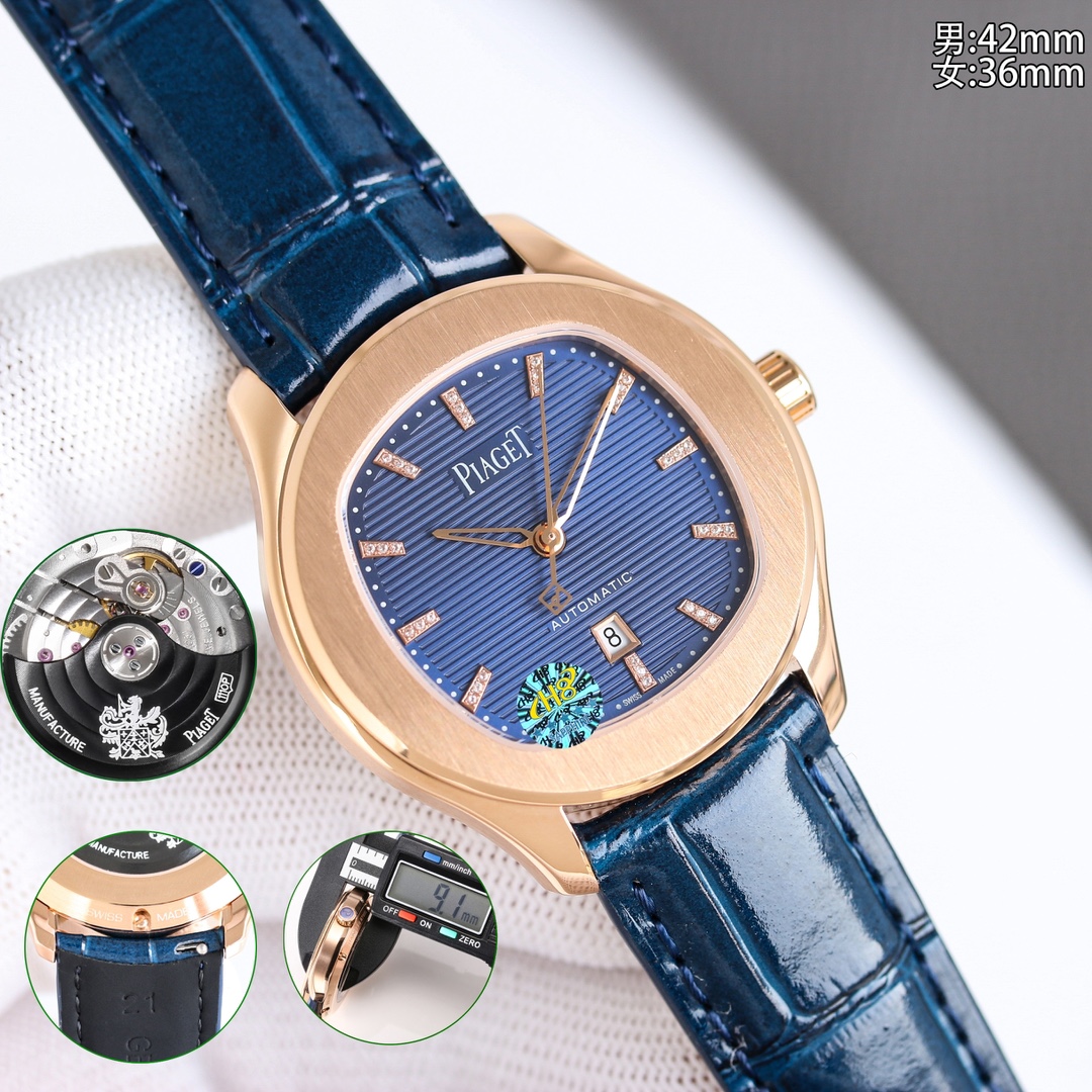 Piaget Polo Date rose gold case and bezel, blue striped dial, blue leather strap 42mm Men's Automatic