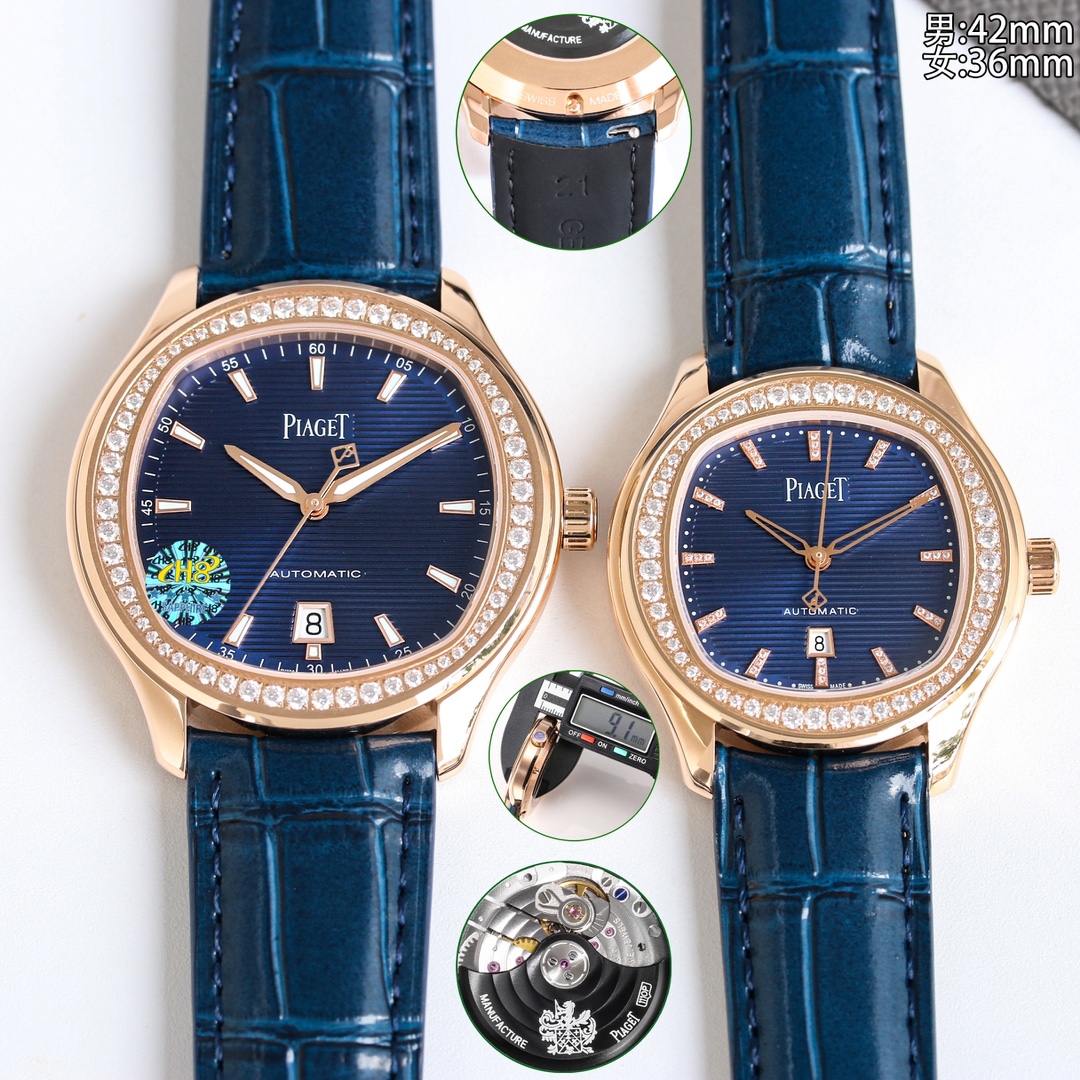 Piaget Polo Date rose gold case and bezel, blue striped dial, blue leather strap 42mm Men's Automatic