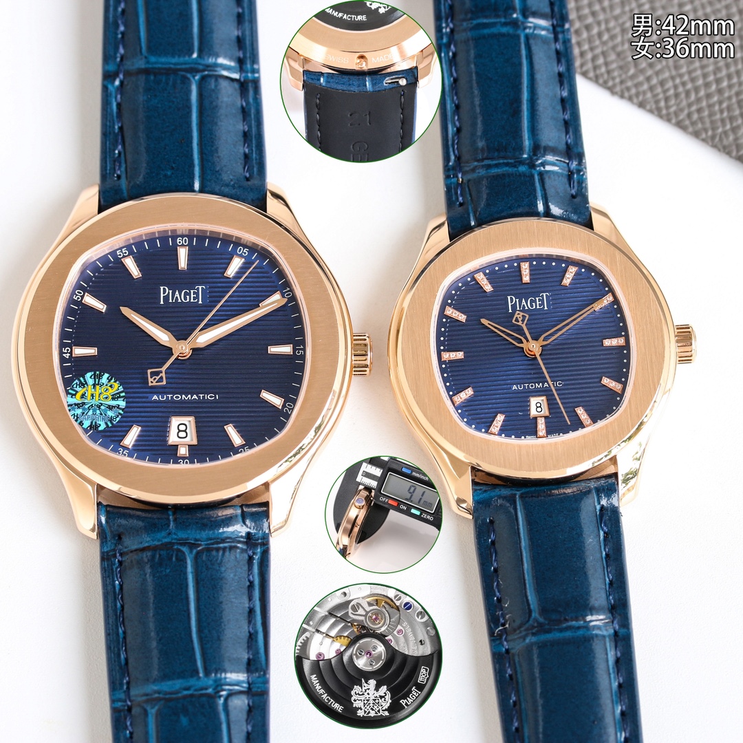 Piaget Polo Date rose gold case and bezel, blue striped dial, blue leather strap 42mm Men's Automatic