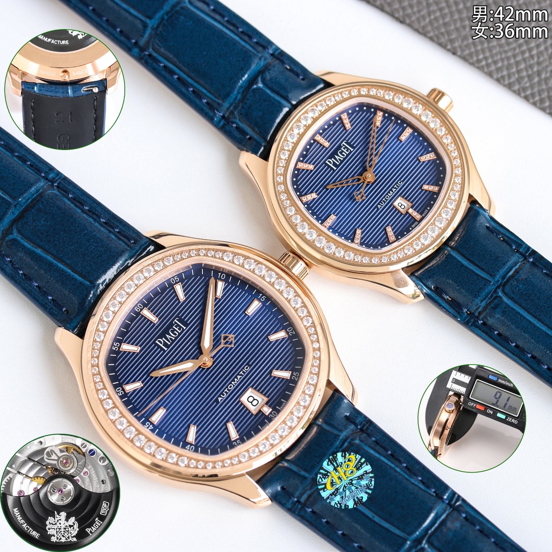 Piaget Polo Date rose gold case and bezel, blue striped dial, blue leather strap 42mm Men's Automatic