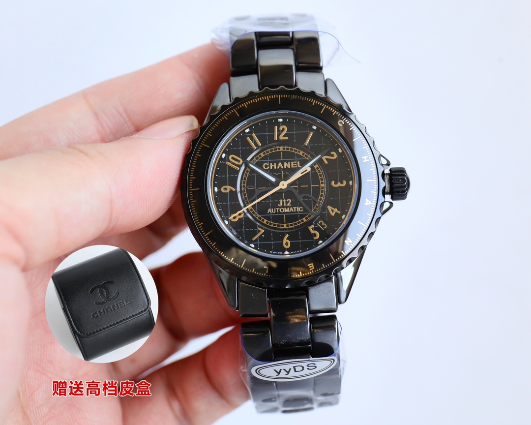 Chanel J12 Calibro 12.1 H9762 cassa in ceramica nera, lunetta nera, quadrante nero, bracciale in ceramica nera 38 mm Automatico da donna