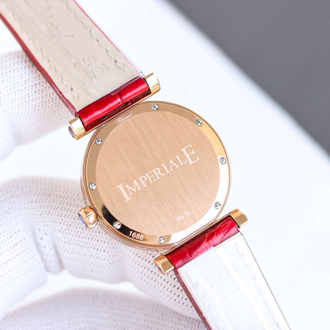 Chopard Imperiale rose gold case, rose gold bezel, silver-white dial, black leather strap 36mm Women's Automatic
