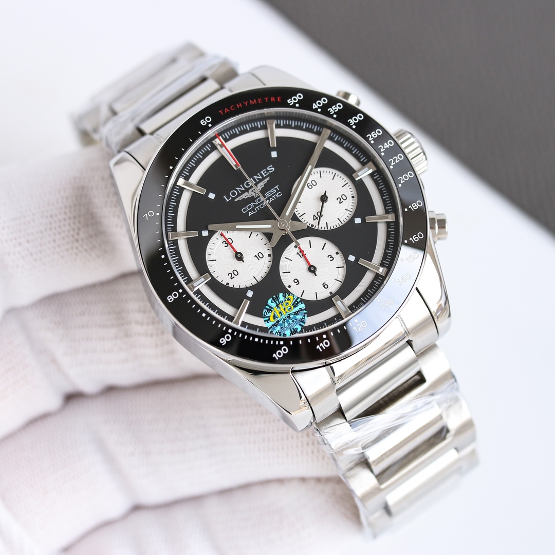 Longines Conquest Chronograph L3.835.4.52.6 stainless steel case and bracelet, black bezel, black dial, silver subdials 42mm Men's Automatic
