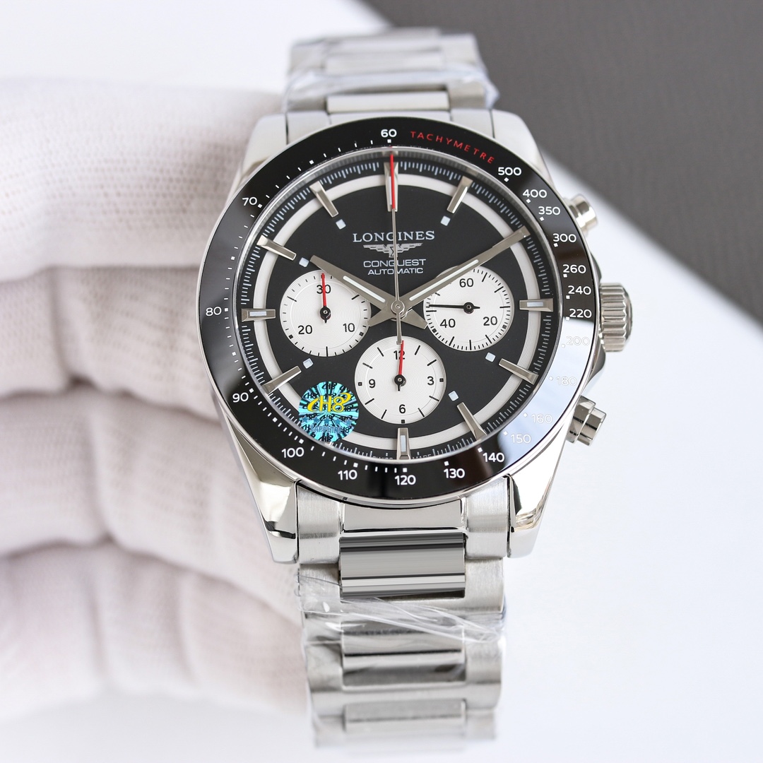 Longines Conquest Chronograph L3.835.4.52.6 stainless steel case and bracelet, black bezel, black dial, silver subdials 42mm Men's Automatic