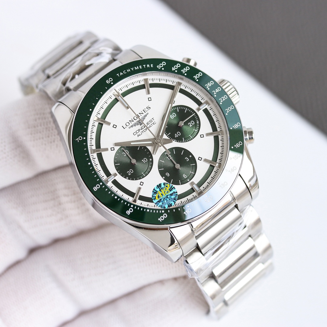 Longines Conquest Chronograph L3.835.4.02.6 stainless steel case and bracelet, green-black bezel, silver dial with green subdials 42mm Men's Automatic
