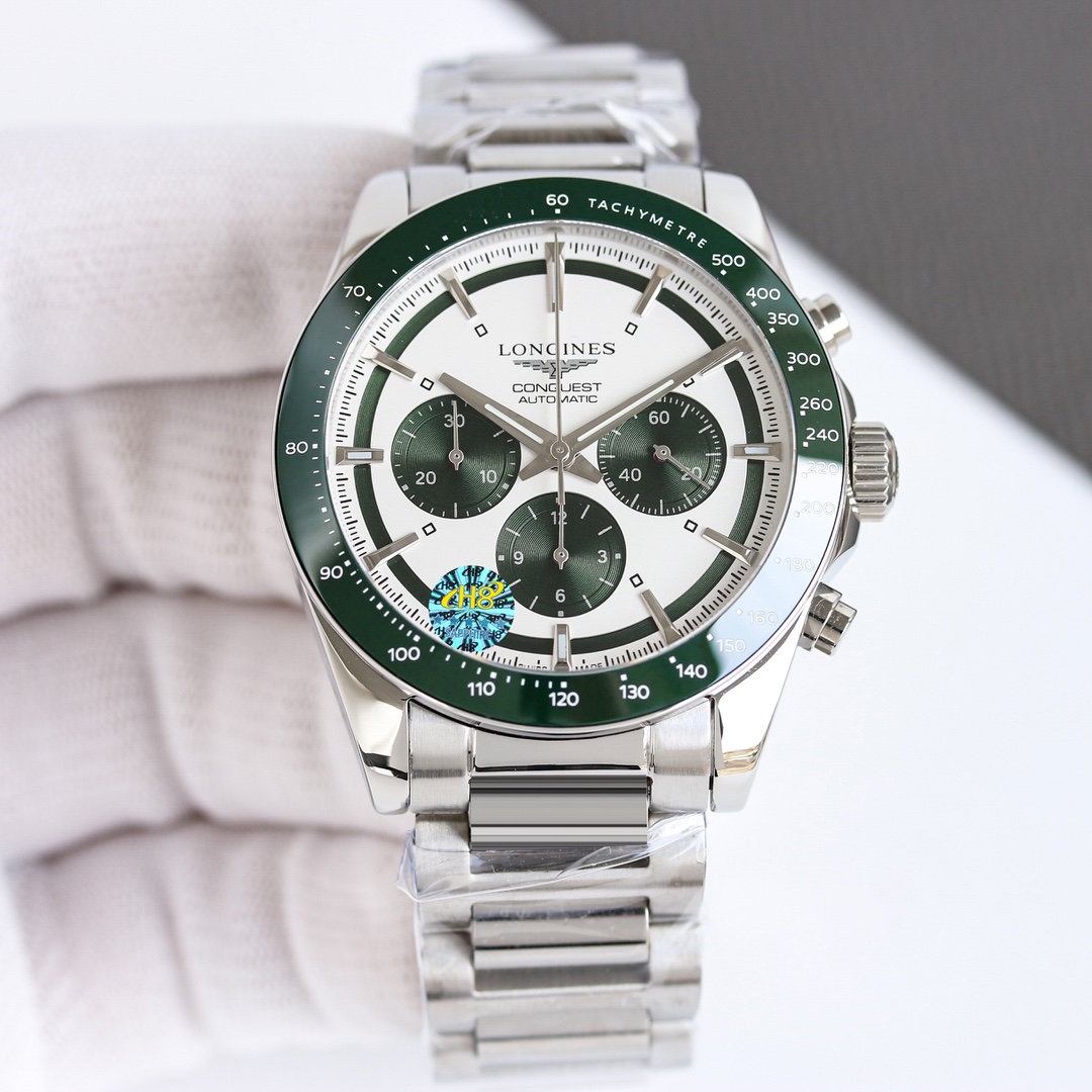 Longines Conquest Chronograph L3.835.4.02.6 stainless steel case and bracelet, green-black bezel, silver dial with green subdials 42mm Men's Automatic