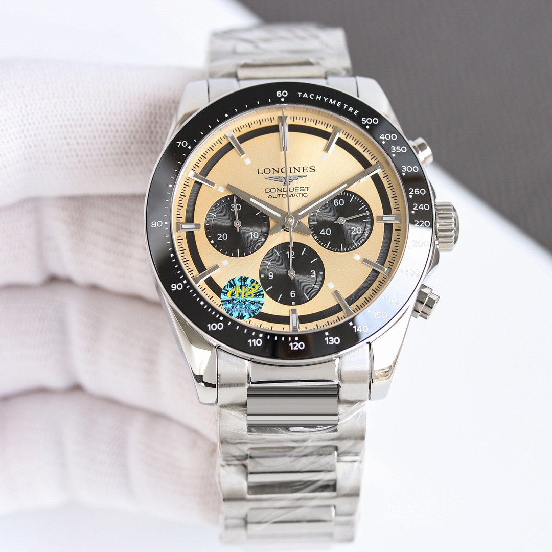 Longines Conquest Chronograph L3.835.4.32.6 stainless steel case and bracelet, black bezel, champagne dial 42mm Men's Automatic